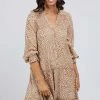 Foxwood Gillian LS Button Front Tiered Mini Beige Animal Dress