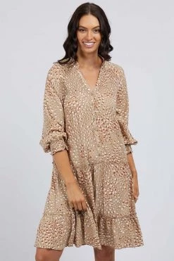 Foxwood Gillian LS Button Front Tiered Mini Beige Animal Dress