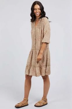 Foxwood Gillian LS Button Front Tiered Mini Beige Animal Dress